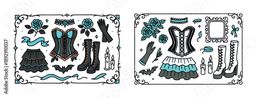 Gothic victorian fashion: corsets, gloves, skirts, roses, and boots