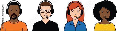 PrintVector illustration of diverse customer service representatives wearing headsets, professional call center team concept for communication, support, assistance,