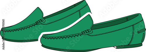 Pair of green moccasin-style loafers with visible stitching and sleek silhouette for fashion design and retail catalog
