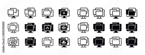 Desktop software icons set on monitors representing various applications and interfaces