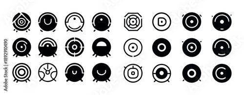 Set of circular robotic vacuum cleaner icons in black and white