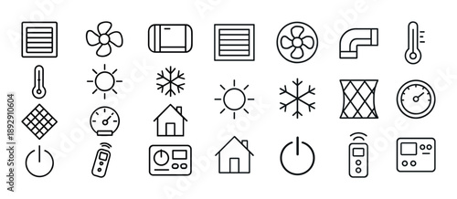 Set of hvac icons: thermostat, fan, air filter, temperature, remote, house