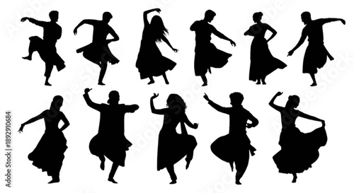 Silhouettes of dancers in traditional attire isolated on transparent background