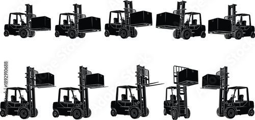 PrintVector illustration of multiple forklift silhouettes in different positions carrying boxes and loads, industrial machinery design elements for warehouse, logistics