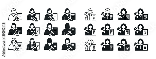 Set of black and white judge icons with diverse gavel and document designs