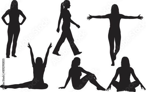 Silhouette collection of human poses including standing, walking, sitting, and stretching postures for fitness, yoga, meditation, and body language reference on white background.