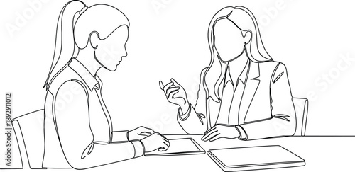 Continuous line drawing of two businesswomen in a meeting for corporate consulting or job interview concept.