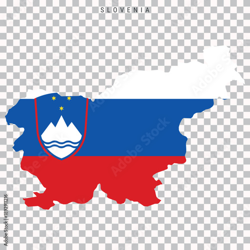 Map of Slovenia filled with national flag colors and coat of arms, isolated on transparent background. European country silhouette for geography and infographic use.