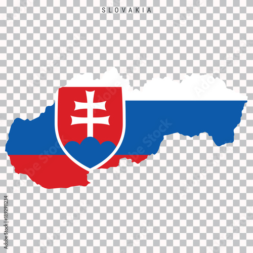 Map of Slovakia filled with national flag colors and coat of arms, isolated on transparent background. Geographic silhouette for education and design projects.