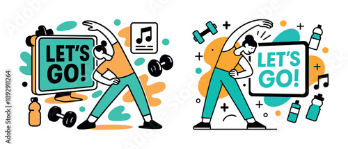 Female adult exercising indoors with music and fitness equipment