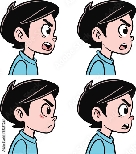Cartoon boy faces different expressions emotions