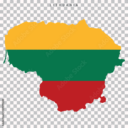 Map of Lithuania filled with national flag colors, isolated on transparent background. Clean political map for geography, education, news, and design use.