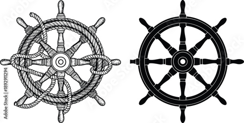 PrintVector illustration of ship’s wheel in detailed nautical style with rope texture and simplified silhouette version, maritime design elements for sailing, navigation and ocean projects