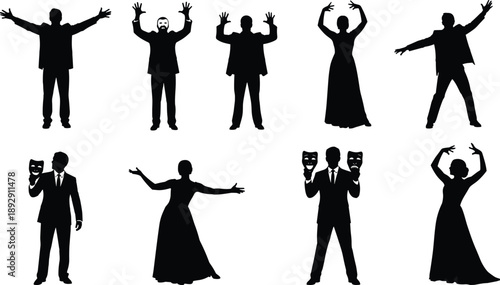 PrintVector illustration of theatrical actors in expressive poses with drama masks, performing arts silhouettes concept for theater, stage performance, acting, dance and cultural design projects