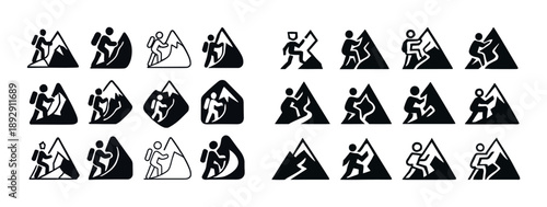 Outdoor hiking and climbing icon set with mountain symbols