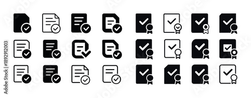Document and certification icons collection: checkmarks and certificates