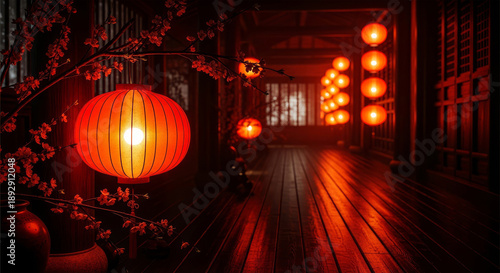 Wallpaper Mural Red lanterns illuminate a serene, wooden corridor with blossoming branches, creating a peaceful ambiance. Torontodigital.ca