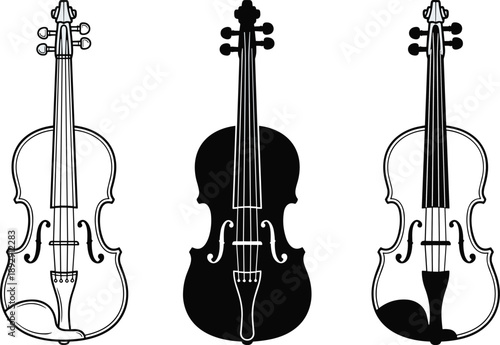 PrintVector, black, silhouettes, and, line, art, illustration, of, classical, violins, including, front, and, back, views, for, music, performance, orchestra, and, instrument, design, projects