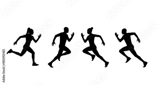 Silhouettes of runners in motion isolated on transparent background