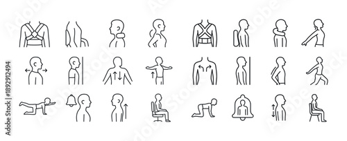 Simple line art illustrations of various postures and exercises for posture correction