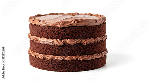 Photorealistic studio photograph of a rich chocolate cake, freshly baked and isolated on a pure white seamless background.