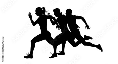 Three runners in motion isolated on transparent background