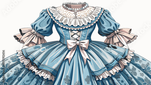 Very beautiful close-up of a vintage Southern Belle women’s dress featuring lace details and soft fabric textures, isolated on white background, highlighting elegance and historic American fashion cha