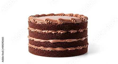 Photorealistic studio photograph of a rich chocolate cake, freshly baked and isolated on a pure white seamless background.