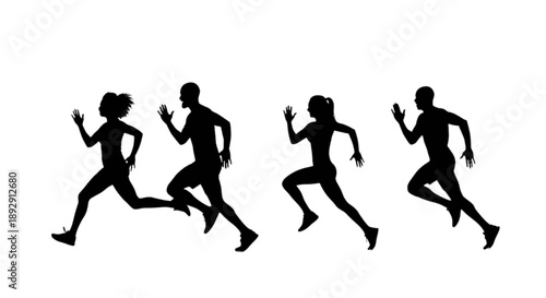Silhouettes of runners in motion isolated on transparent background