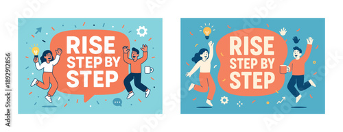 Energetic cartoon characters jumping with light bulb and coffee on blue background