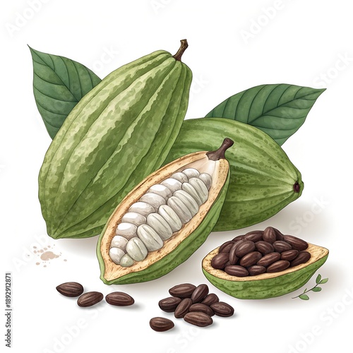 Cocoa Pods and Cocoa Beans Digital Illustration on White Background
