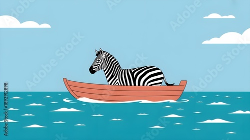 Zebra animal illustration in red boat on ocean. Surreal journey for travel, adventure and nature concept.