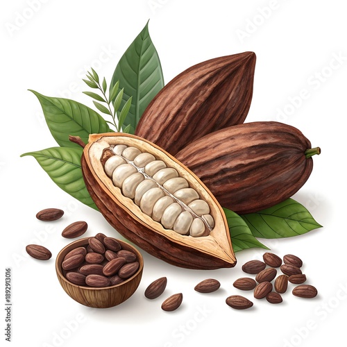 Cocoa Pods and Cocoa Beans Digital Illustration on White Background
