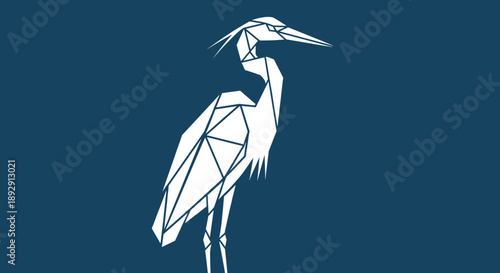 Geometric White Heron Bird Illustration on Blue Background.
