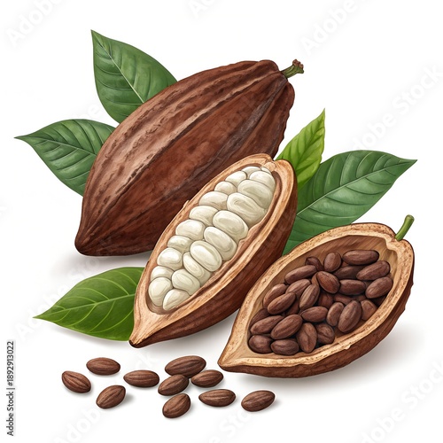 Cocoa Pods and Cocoa Beans Digital Illustration on White Background