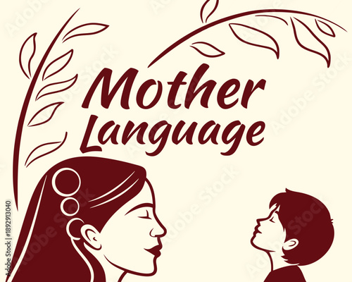 mother and child looking up at plant with leaves  Mother Language concept