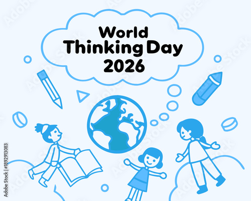 World Thinking Day 2026 illustration with children and globe in blue lines on light blue background