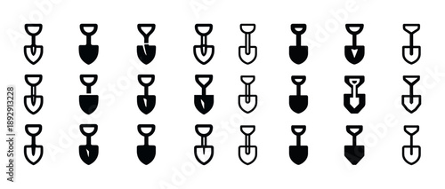 Set of twenty diverse shovel icons in black and white