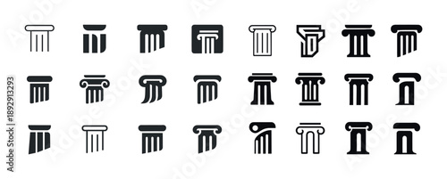 Set of various column icons in black and white featuring classic and modern designs