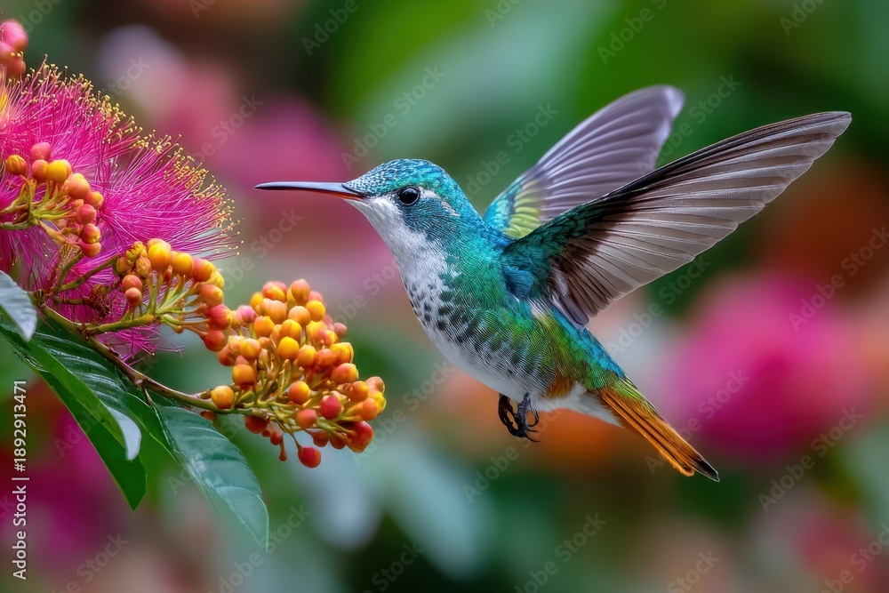 Fototapeta premium Vibrant Hummingbird in Flight Near Pink and Orange Blossoms