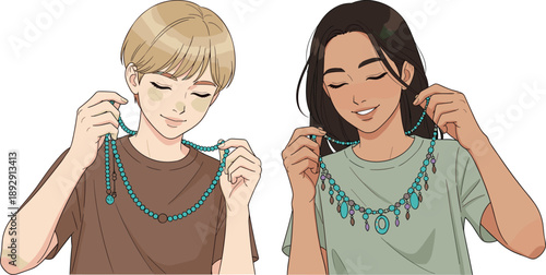 PrintVector, cartoon, illustration, of, two, young, women, happily, trying, on, elegant, handmade, beaded, necklaces, with, turquoise, stones, for, fashion, beauty, and, jewelry, branding, designs
