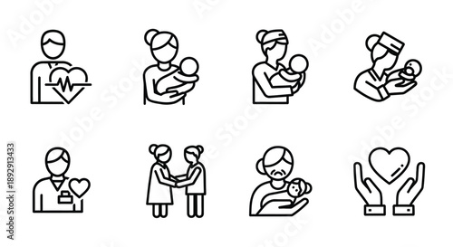 Line art icons depicting mothers with babies and related healthcare symbols