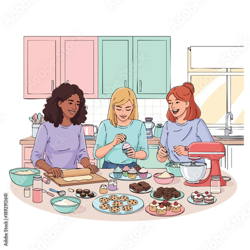 Three friends baking and decorating cupcakes together on Galentine's Day in a colorful kitchen. Perfect for galentine's day illustrations, friendship content, and social media graphics.