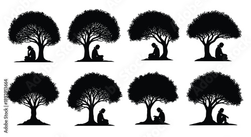 Silhouette series depicting a person working under trees in varying stages
