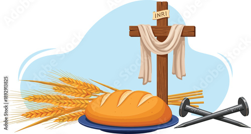 Good Friday religious vector illustration featuring holy cross with INRI sign white cloth bread wheat stalks and crucifixion nails.