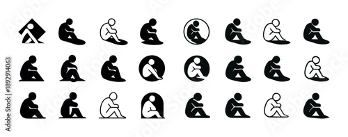 Diverse pictograms of seated figures in various silhouettes and geometric shapes