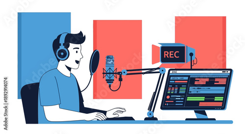 Person wearing headphones speaks into microphone at recording studio desk.