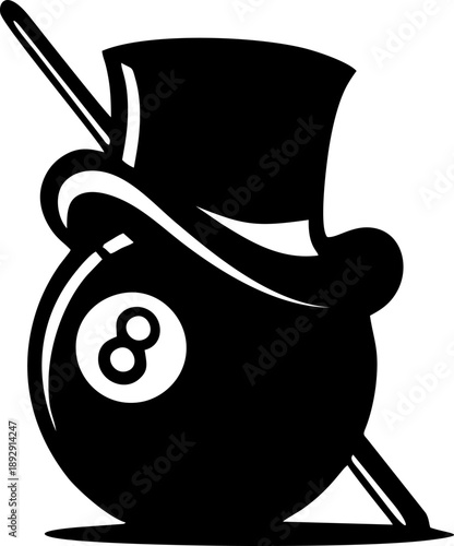 Billiard Eight Ball with Top Hat and Cue Vector Icon