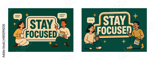 Young diverse adults discuss stay focused message with coffee and calendar