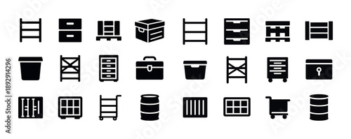 Black storage icons collection: boxes, racks, crates, barrels, containers